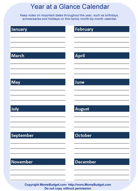 Year at a Glance Calendar Printable - Moms Budget