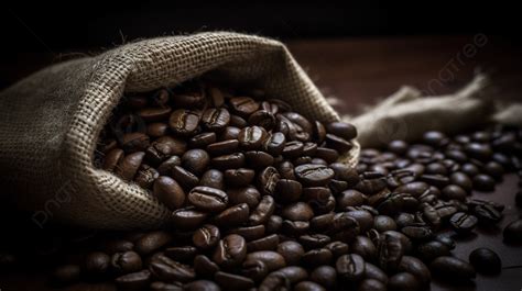 Sack Full Of Coffee Beans On A Dark Brown Surface Background Picture