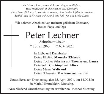 Traueranzeigen Von Peter Lechner Trauer Merkur De