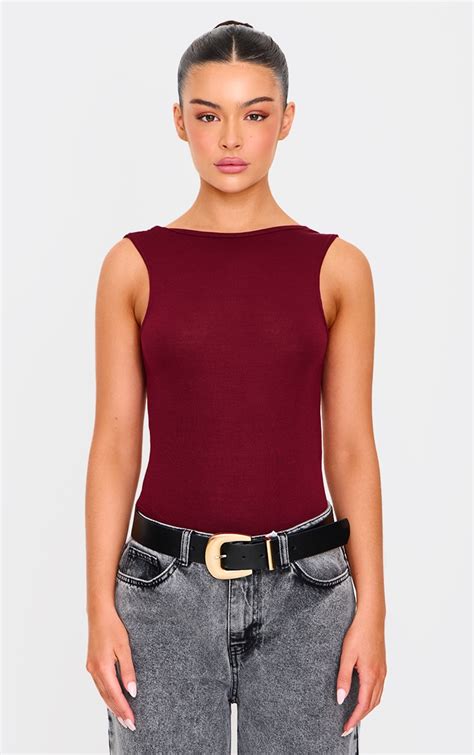 Burgundy Soft Jersey Open Back Bodysuit Tops Prettylittlething