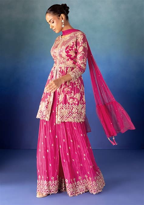 Buy Women Pink Sharara Set With Sequin Boota Embroidered Kurta And