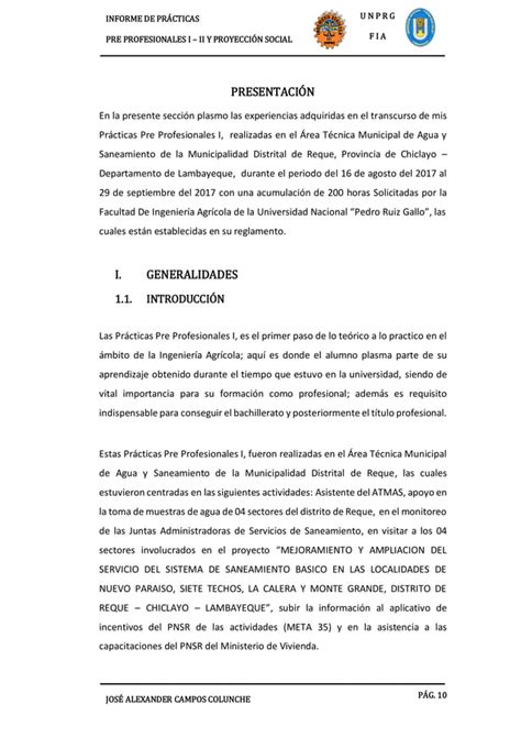 Informe De Practicas Pre Profesionales Y Proyección Social Pdf