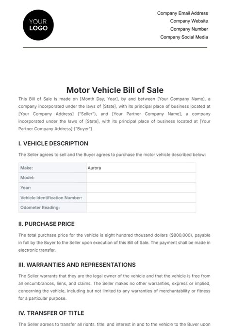 Free Motor Vehicle Bill Of Sale Template Edit Online And Download