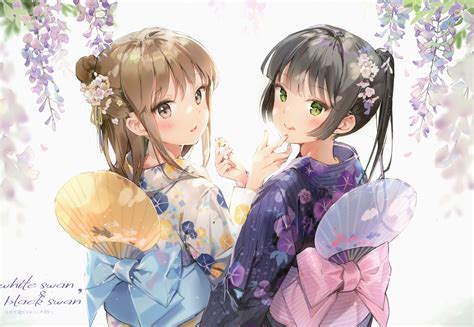 2girls Anmi Black Hair Blush Bow Brown Eyes Brown Hair Candy Fan