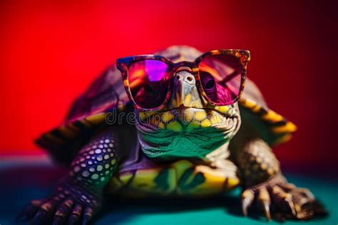 A Turtle Wearing Glasses Sitting On A Table Generative Ai Image Stock