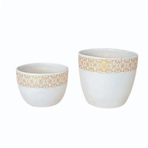 Printed White Ceramic Flower Pot Set For Indoor Size Inch And Inch