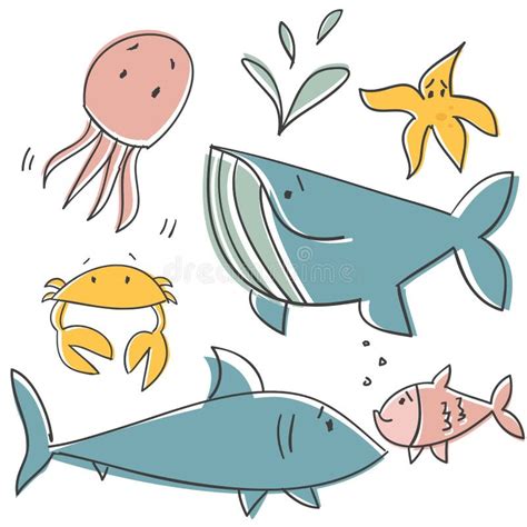 Animais De Mar Dos Desenhos Animados Ajustados Fundo Branco