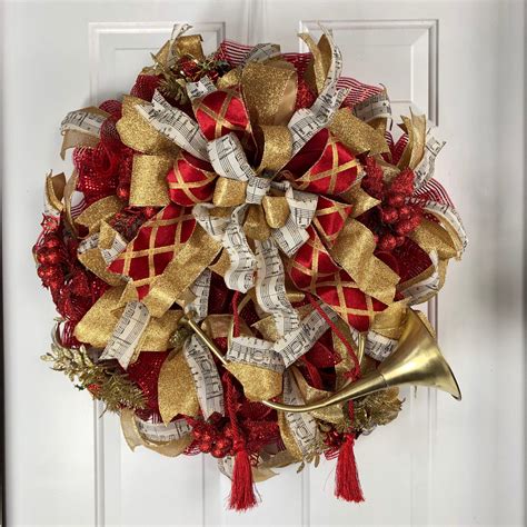 Red And Gold Christmas Wreath Deco Mesh Wreath Christmas Etsy