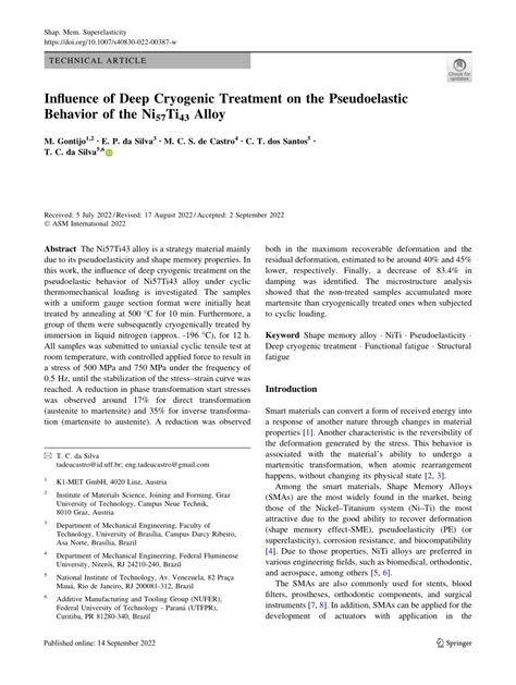 PDF Influence Of Deep Cryogenic Treatment On The Pseudoelastic