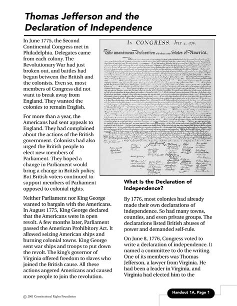 Declaration Of Independence Analysis Handout 1a Page 1 Thomas