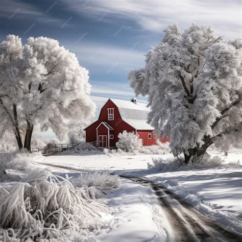 Premium AI Image | A snowy landscape with a red barn and a decorated ...