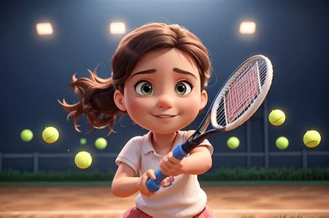 Linda Chica Jugando Tenis Personaje De Dibujos Animados Aislado Foto