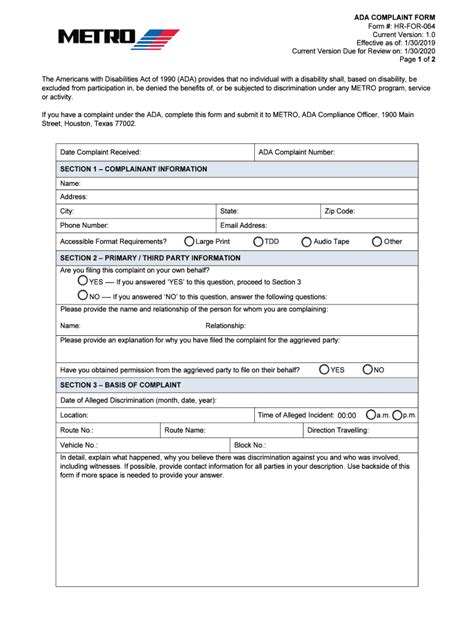 Fillable Online Ada Complaint Form Ridemetro Org Fax Email Print