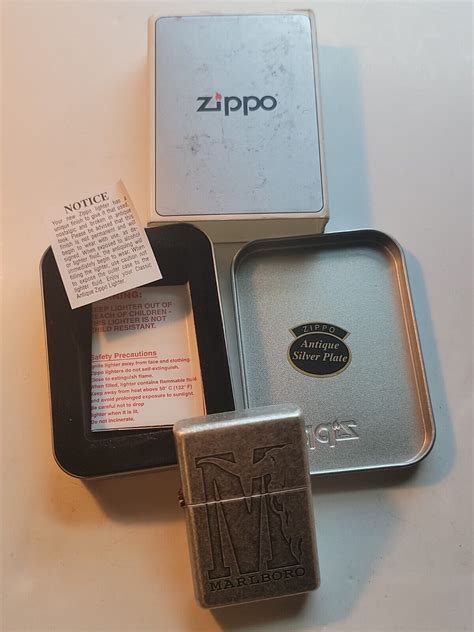 NEW Antique Silver Plate Marlboro Zippo Lighter In Metal Case