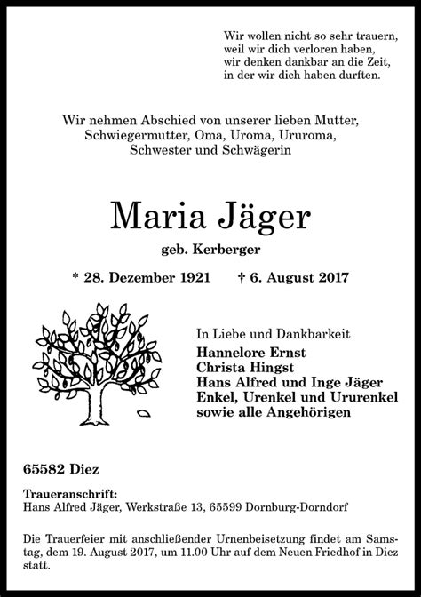 Traueranzeigen von Maria Jäger rz trauer de