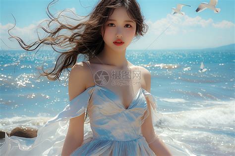 海边白衣少女的时光之旅高清图片下载 正版图片601093139 摄图网