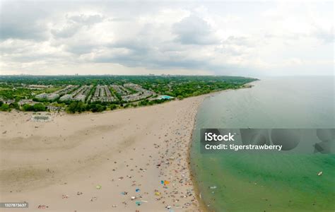 toronto woodbine beach  sandy beach  people swimming aerial view