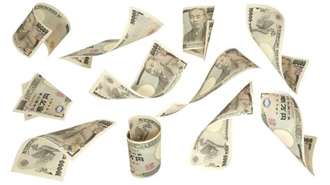 3D Rendering Of 10000 Japanese Yen Notes Flying In Different Angles And