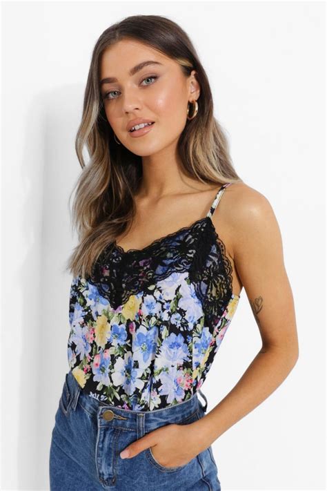 Womens Blue Floral Lace Trim Cami Top Boohoo Uk