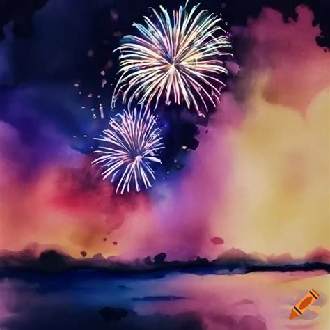 Watercolor Painting Of Fireworks Reflecting Over Dark Water At Night On Craiyon