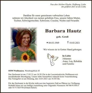 Traueranzeigen Von Barbara Hautz Vrm Trauer De