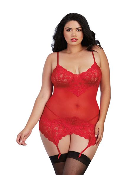 Plus Size Stretch Lace And Mesh Garter Slip With G String Dreamgirl