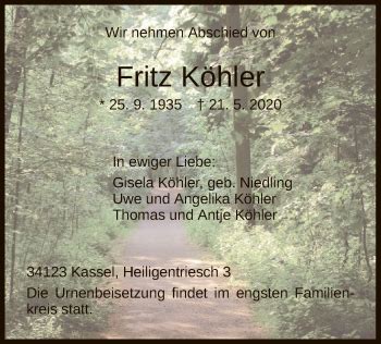 Traueranzeigen von Fritz Köhler Trauer HNA de