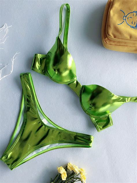 Bikini Maillot de Bain Femmes Sexy Vernis Taille Haute avec Bretelles à Col Décolleté en V avec