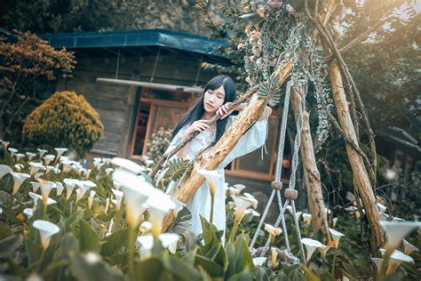 Wallpaper Garden Flowers Plants Asian Women Outdoors Model