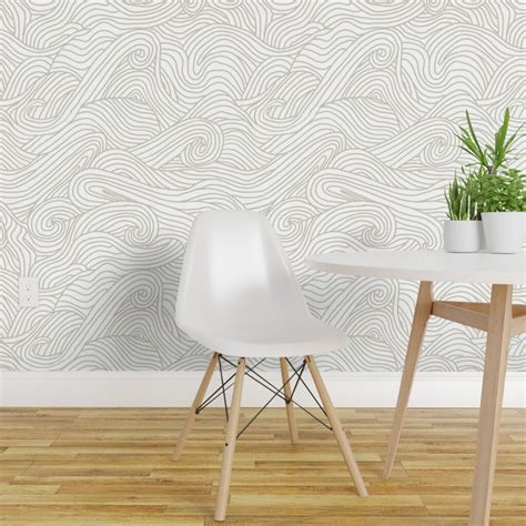 Peel And Stick Wallpaper 2ft Wide Neutral Gray Ocean Waves White Clouds