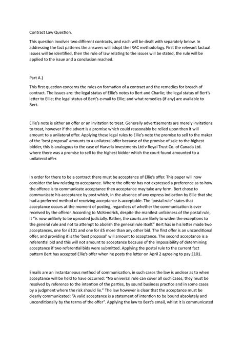 Irac Structure Example With Scenario Contract Law Question This