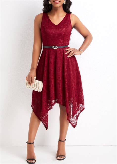 Lace Wine Red V Neck Sleeveless Dress Rosewe Usd