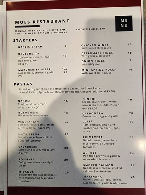 Menu at Moes Cafe & Restaurant, Brighton