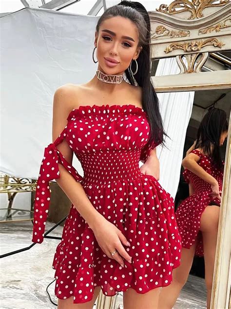 Cnyishe Sweet Boho Dress Sexy Cute Red Polka Dot Print Summer Sundress