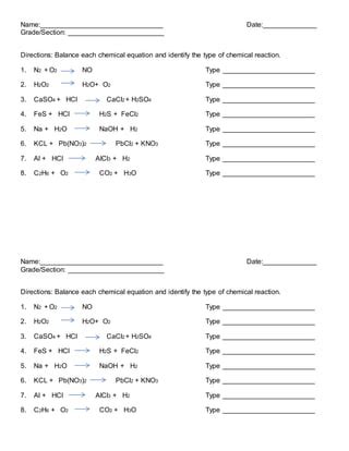 Quiz assessment balancing equation | PDF