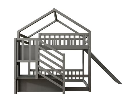 Stapelbed Voor Kinderen 140x200cm Met Opbergtrap En Glijbaan Grijs