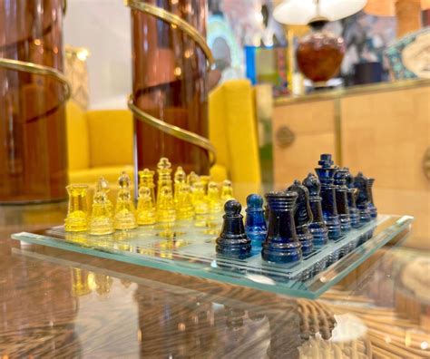 Contemporary Minimalist Blue And Yellow Murano Glass Chess Set On