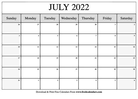 Blank Printable July 2022 Calendars