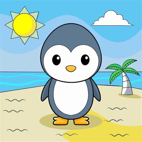 Un pingüino en una playa con una palmera en el fondo Vector Premium