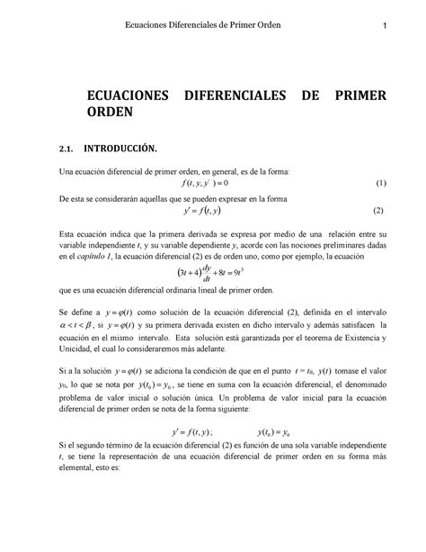 Ecuaciones Diferenciales De Primer Orden Introducci N Una Ecuaci N