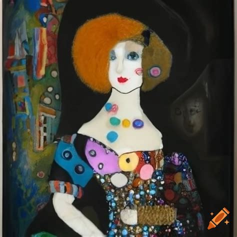 Whimsical Face Doll In Aquatint Klimt And Kandinsky Styles With