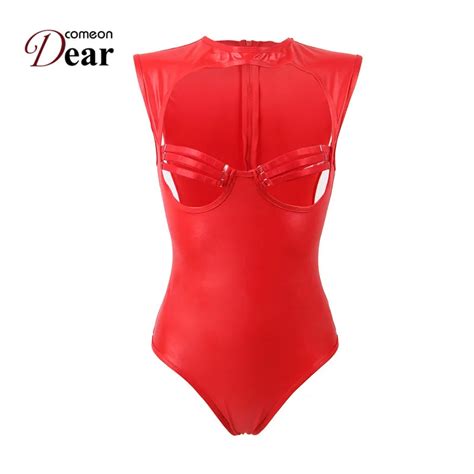 Comeondear Teddy Lingerie Black Red Leather Bodysuit Open Bra Sexy Body Suit Women Plus Size 5xl