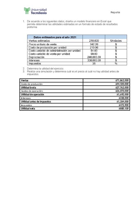 Actividad Modelacion Financiera Reporte De Acuerdo A Los