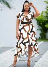 Geometric Print Asymmetric Hem Plus Size Dress Rosewe Usd