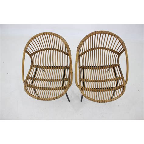 Pair Of Vintage Rattan And Iron Lounge Chairs By Alan Fuchs