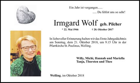 Traueranzeigen Von Irmgard Wolf Rz Trauer De