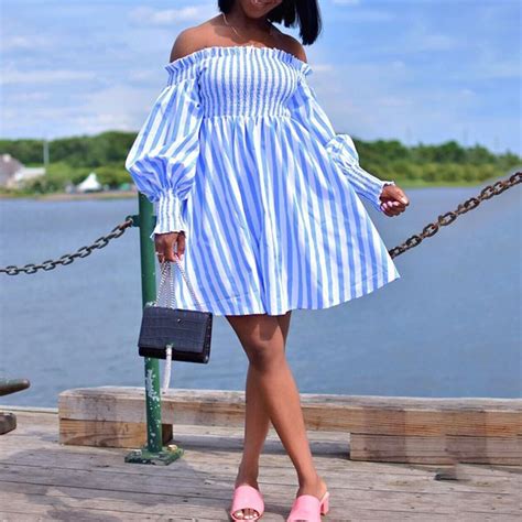 Off Shoulder Sexy Stripe Short Dress Women Long Sleeve Casual Stylish