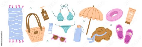 Summer Beach Items Set Sunglasses Towel Swimwear And Other Thinks To Pack For The Beach