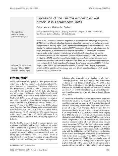 Pdf Expression Of The Giardia Lamblia Cyst Wall Protein In