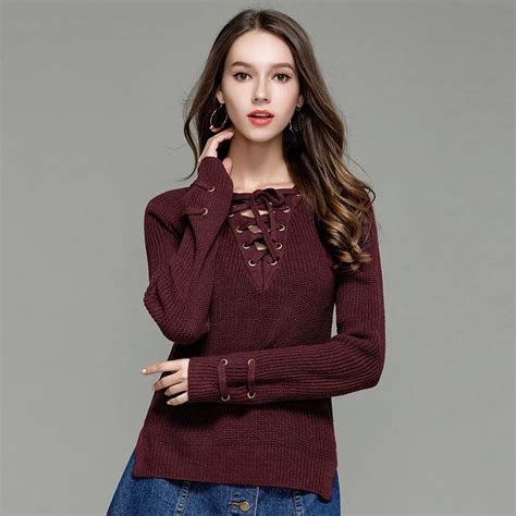 Sheeyon Autumn Womens Knitted Lace Up Sweater V Neck Long Sleeved